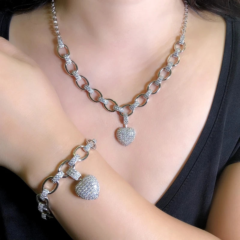 Micro Cubic Zirconia Heart Shaped Bracelet and Necklace Set