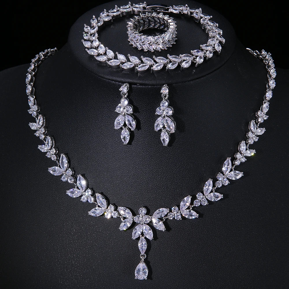 Cubic Zircon Necklace, Earrings, Ring, and Bracelet Set – Elegant and Sparkling Jewellery Set