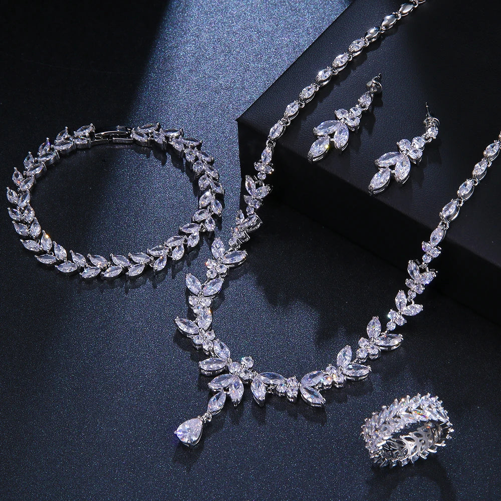 Cubic Zircon Necklace, Earrings, Ring, and Bracelet Set – Elegant and Sparkling Jewellery Set