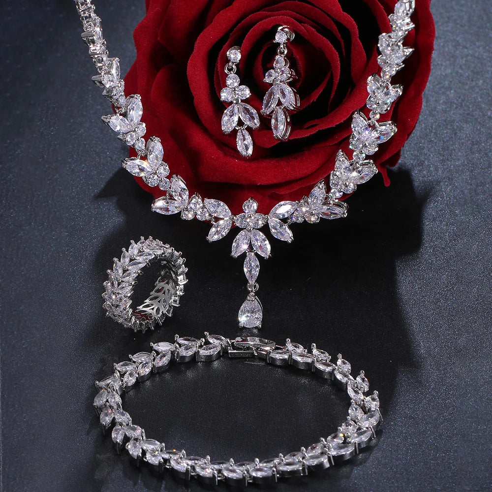 Cubic Zircon Necklace, Earrings, Ring, and Bracelet Set – Elegant and Sparkling Jewellery Set